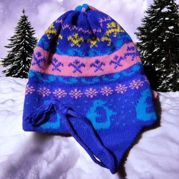 Vtg Woman's Heavy Knit Winter Ski Hat Cap Ear Flaps Cord Tassels Pink Purple - Picture 2 of 8